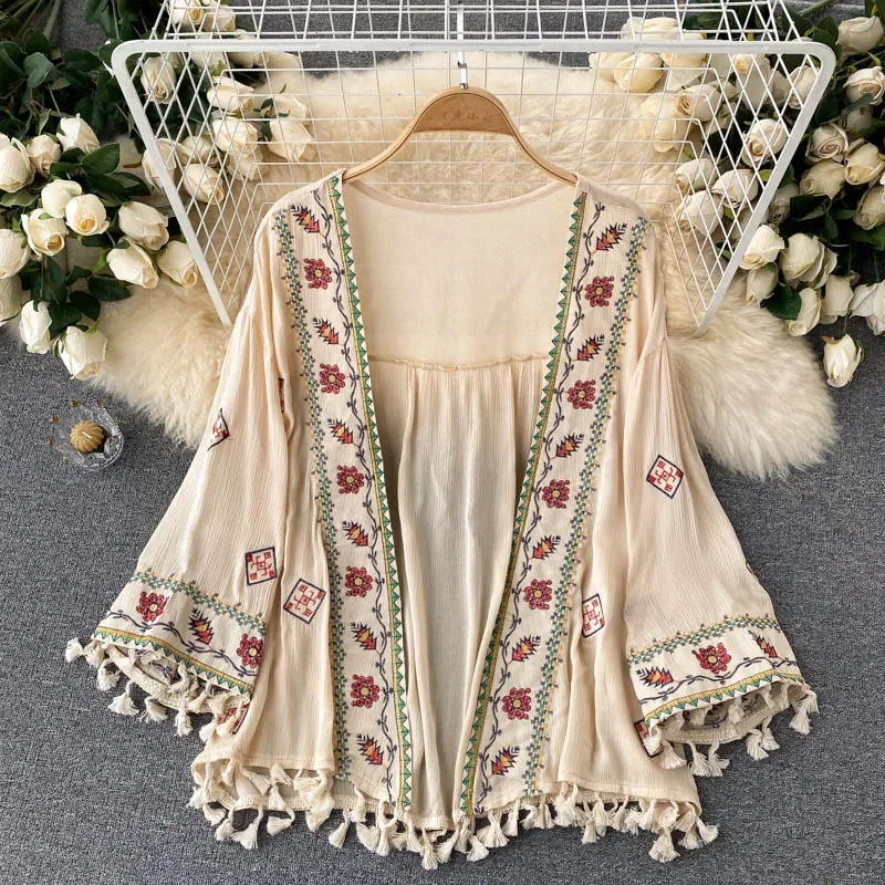 Embroidery On Shirt - เสื้อคาร์ดิแกนผ้าชีฟองมีพู่ปักสไตล์วันหยุดโบฮีเมียนเสื้อผู้หญิงใหม่เสื้อเอวสั้นเข้ารูปสำหรับผู้หญิง