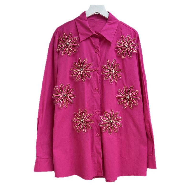 Embroidery Online - เสื้อผู้หญิง เสื้อเชิ้ตวินเทจ ปกคอปก แขนยาว ปิดกระดุมหน้า ปักลาย
