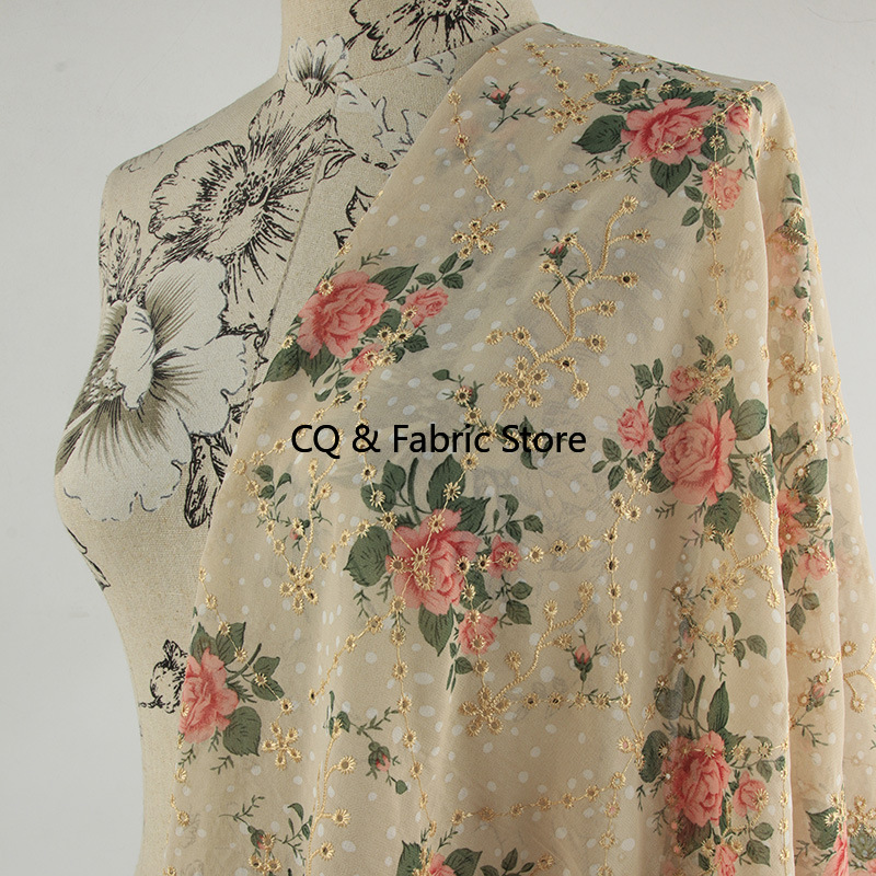 Embroidery Roses - ผ้าชีฟองพิมพ์ลายปักลายดอกกุหลาบใหม่ สำหรับตัดเย็บเสื้อผ้าสตรีและเด็ก