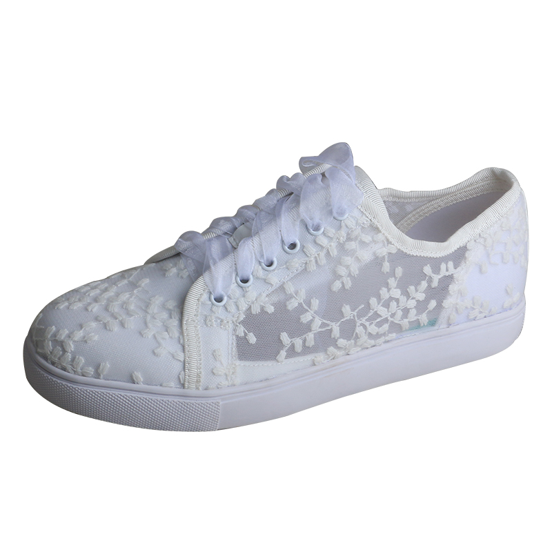 Embroidery White - รองเท้าผ้าใบสีขาวสำหรับผู้หญิง Wedopus รองเท้าเจ้าสาวแบบแบน รองเท้ากีฬาแบบผูกเชือก รองเท้าลำลองที่ใส่สบาย ส้นสูง