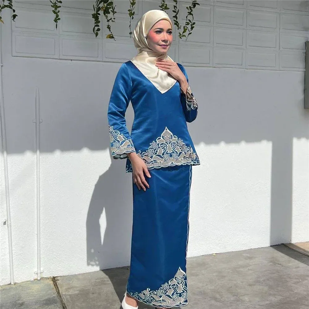 Embroidery Baju - ชุดอาบายะห์สองชิ้นสำหรับผู้หญิง แฟชั่นมุสลิม ปักลายบนผ้าซาติน เสื้อและกระโปรง ชุดเดรสสุภาพเรียบร้อย ชุดราตรีงานปาร์ตี้ดูไบ