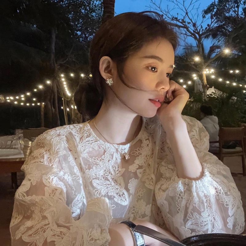 Embroidery On Shirt - MEXZT Elegant Sheer เสื้อสีขาวผู้หญิงแฟชั่นลูกไม้เย็บปักถักร้อยเสื้อฤดูร้อนสุภาพสตรีเกาหลีแขนยาวออกแบบเสื้อใหม่