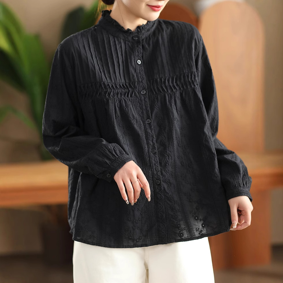 Embroidery On Shirt - เสื้อเชิ้ตผ้าฝ้ายปักลายสีพื้นสไตล์สาวหวานแบบญี่ปุ่น คอตั้ง แขนยาว ทรงหลวม สวมใส่สบายสำหรับผู้หญิงช่วงฤดูใบไม้ผลิ