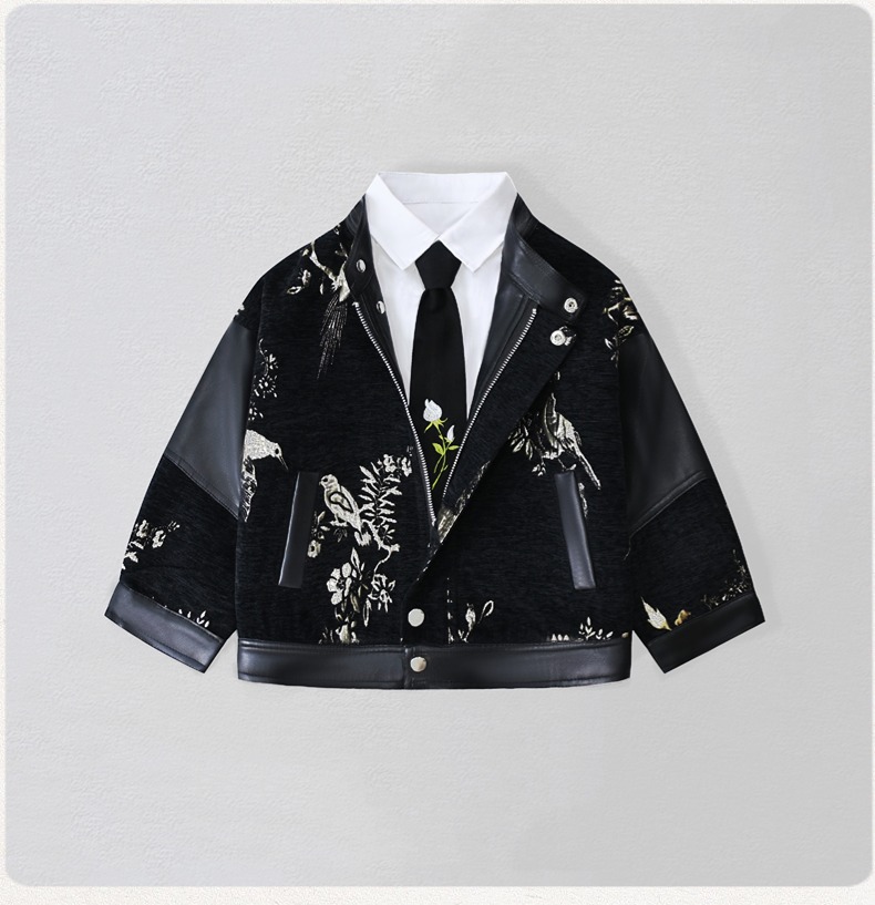 Embroidery Wedding - เสื้อแจ็คเก็ตหนัง PU ปักลายมอเตอร์ไซค์สำหรับเด็กผู้ชาย กันน้ำ กันลม เหมาะสำหรับถ่ายรูปในวันคริสต์มาสและปีใหม่