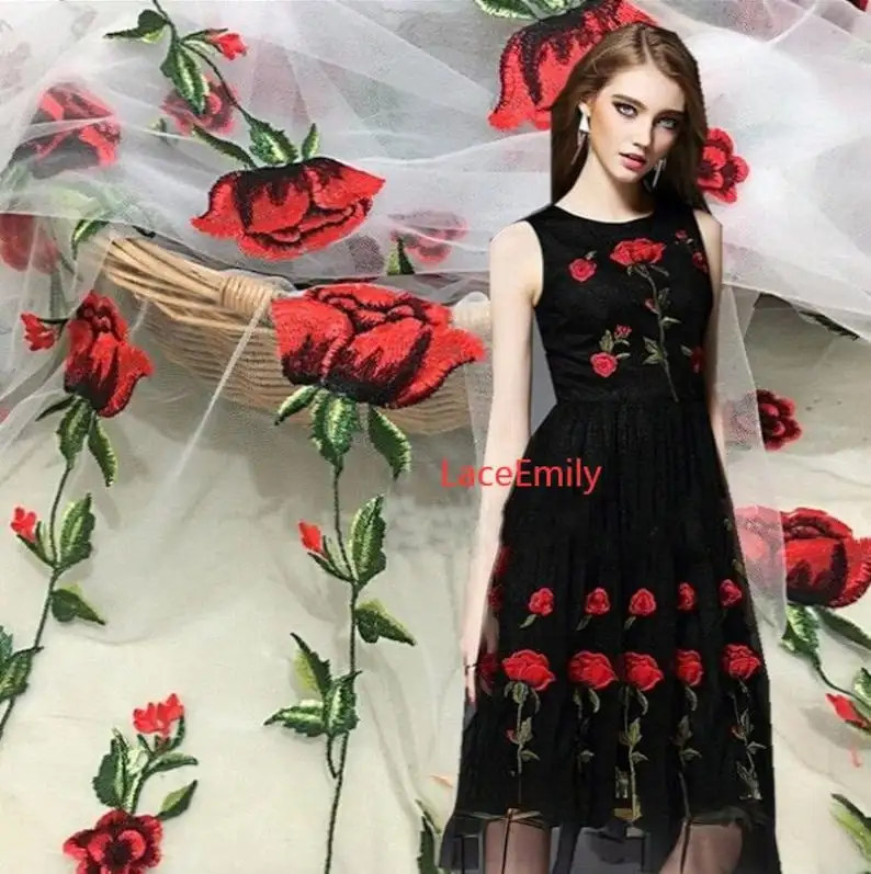Embroidery Roses - Red Rose ลูกไม้ผ้าดอกไม้เย็บปักถักร้อยนุ่มสีดําสีขาวผ้า Tulle สําหรับงานแต่งงานชุดเจ้าสาว Tutu
