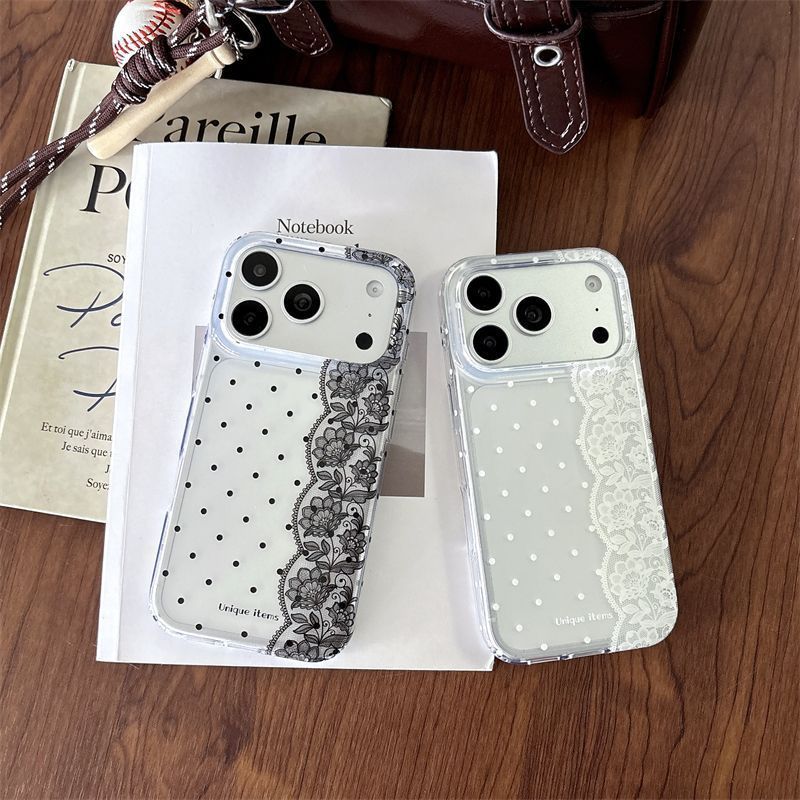 Embroidery White - เคสโทรศัพท์ลายจุดลูกไม้สีขาวดำสไตล์คาวาอี้ สำหรับ iPhone 18 17 Air