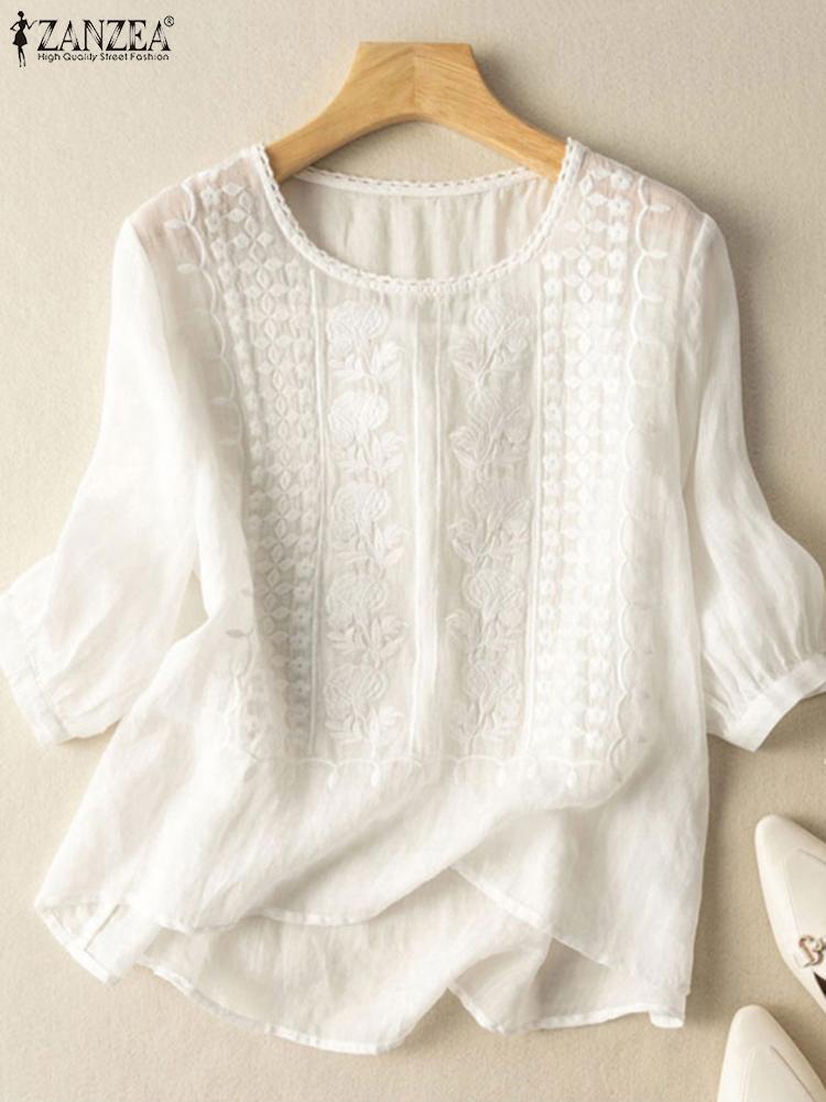 Embroidery On Shirt - ZANZEA Elegant ผู้หญิงปักเสื้อฤดูใบไม้ร่วง 2024 3/4 พัฟแขนโปร่งใส