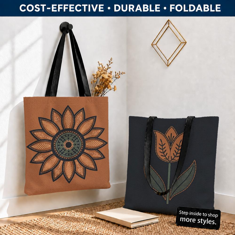 Embroidery Effect Canva - กระเป๋าเก็บของลายปักดอกไม้สไตล์เรโทร ผ้าแคนวาสโพลีเอสเตอร์ น้ำหนักเบา พับเก็บได้ ใช้ซ้ำได้ กระเป๋าช้อปปิ้ง