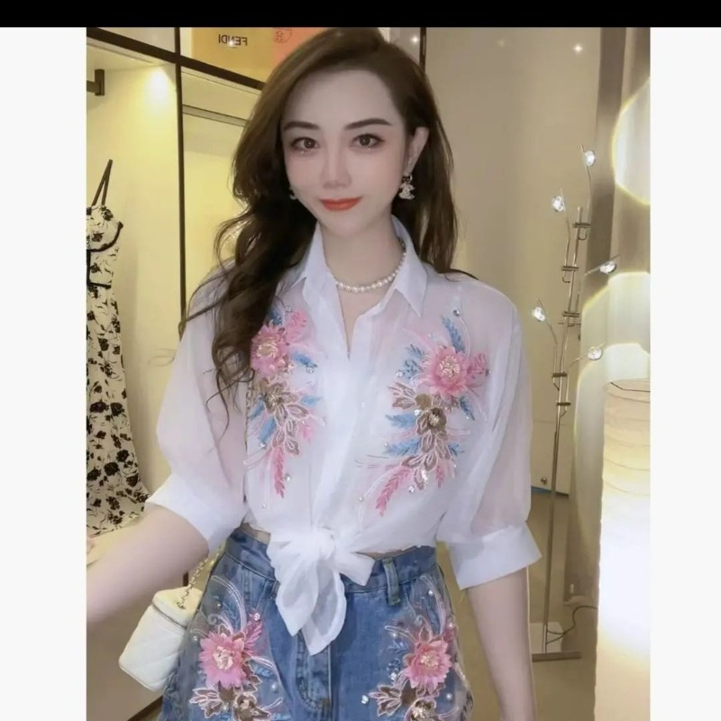 Embroidery On Shirt - เสื้อเชิ้ตแขนยาวครึ่ง3D ผ้าชีฟองปักเลื่อมสำหรับผู้หญิงใส่ในออฟฟิศใหม่ฤดูร้อน2024