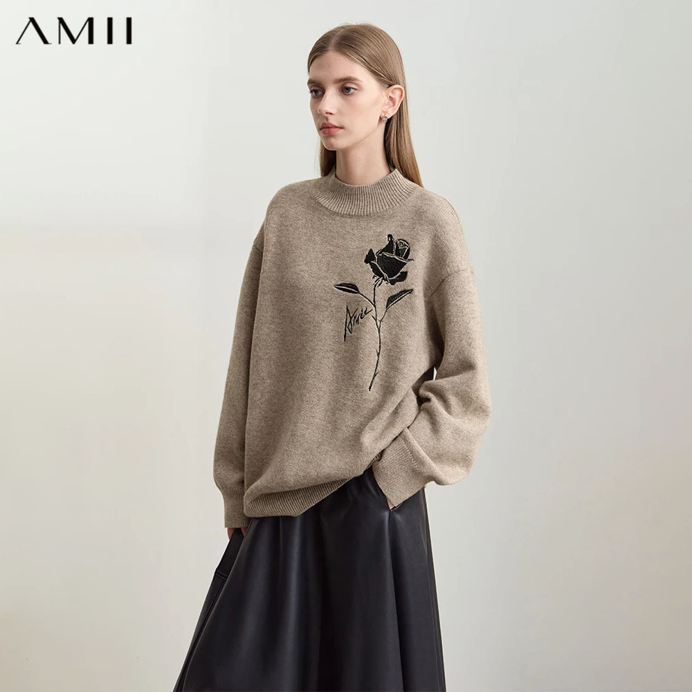 Embroidery Roses - เสื้อสเวตเตอร์ Amii สำหรับฤดูใบไม้ร่วงและฤดูหนาว เสื้อผ้าผู้หญิง แคชเมียร์ ปักลายกุหลาบ