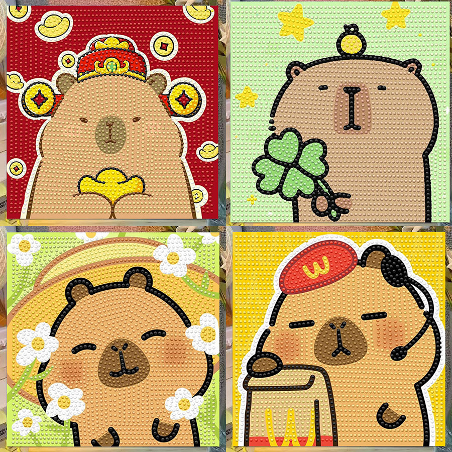 Embroidery Gift Ideas - ภาพวาดตกแต่งคริสตัลเพชรลายการ์ตูนคาปิบารา พร้อมกรอบ ภาพวาดศิลปะ 5D ชุดปักครอสติช DIY