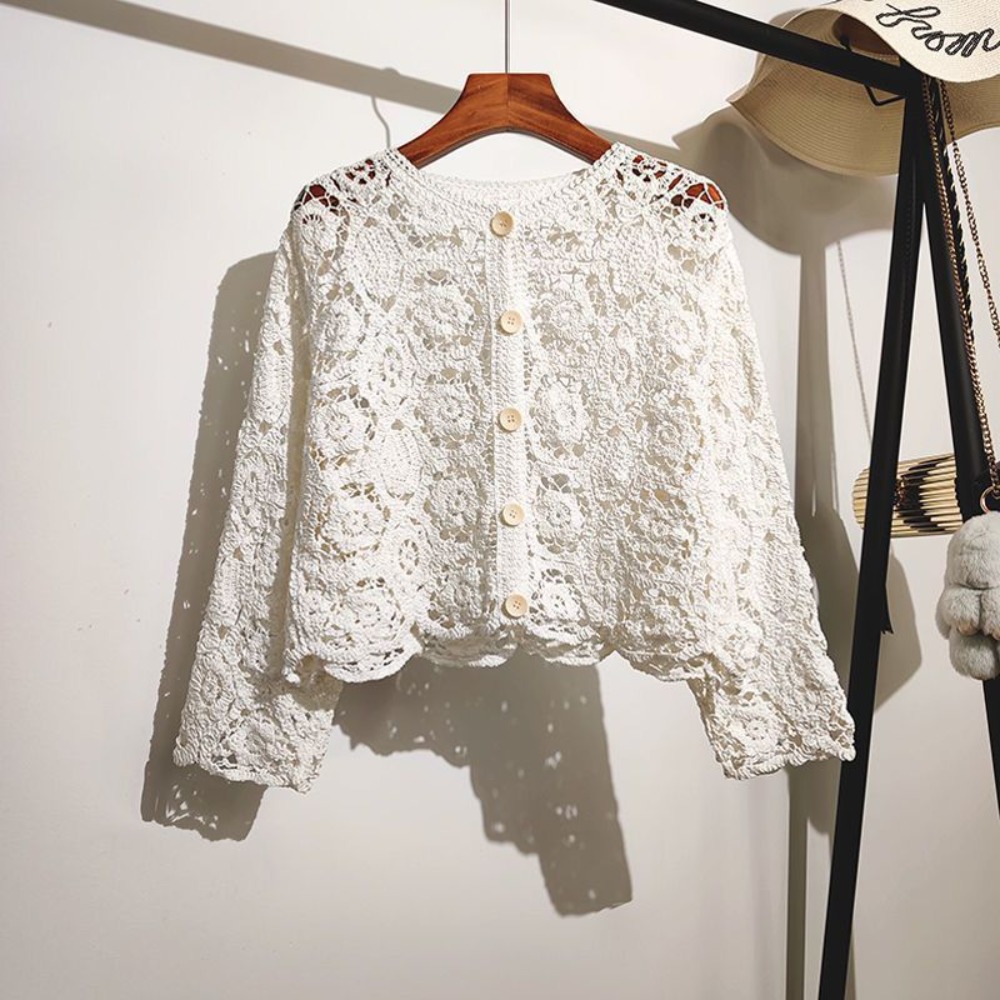 Embroidery Online - เสื้อคลุมไหมพรมแขนสามส่วน สไตล์โบฮีเมียน แบบโปร่ง คาร์ดิแกนเปิดด้านหน้าสำหรับผู้หญิง