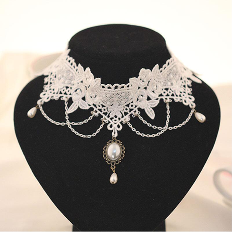 Embroidery White - เลียนแบบ Pearl ลูกไม้สีขาวสร้อยคอ Choker เครื่องประดับคู่เจ้าสาวแต่งงาน Tattoo