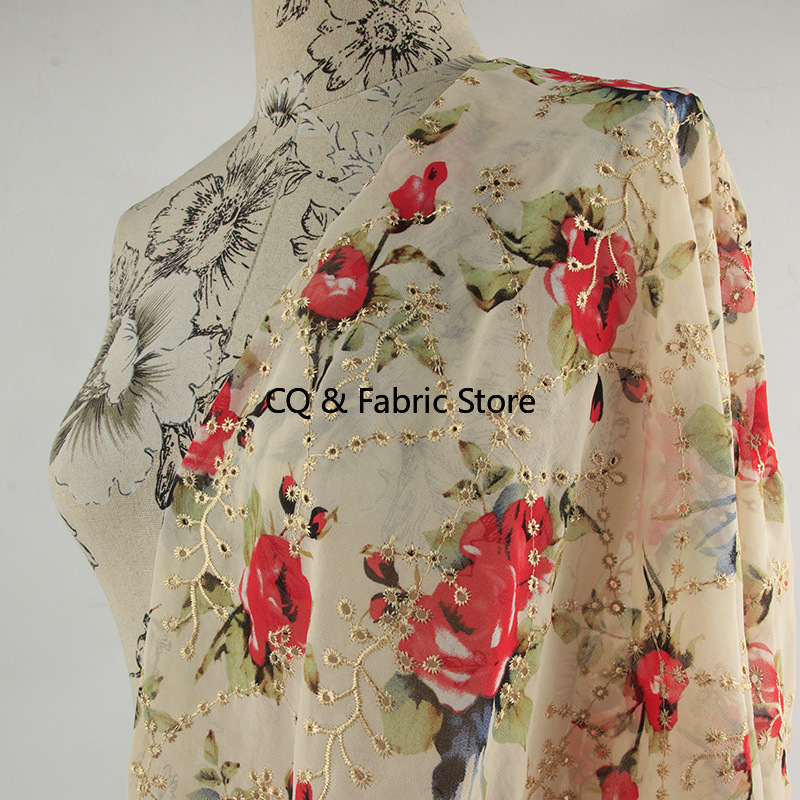 ผ้าชีฟองพิมพ์ลายปักลายดอกกุหลา - Embroidery Roses บทวิจารณ์และราคา
