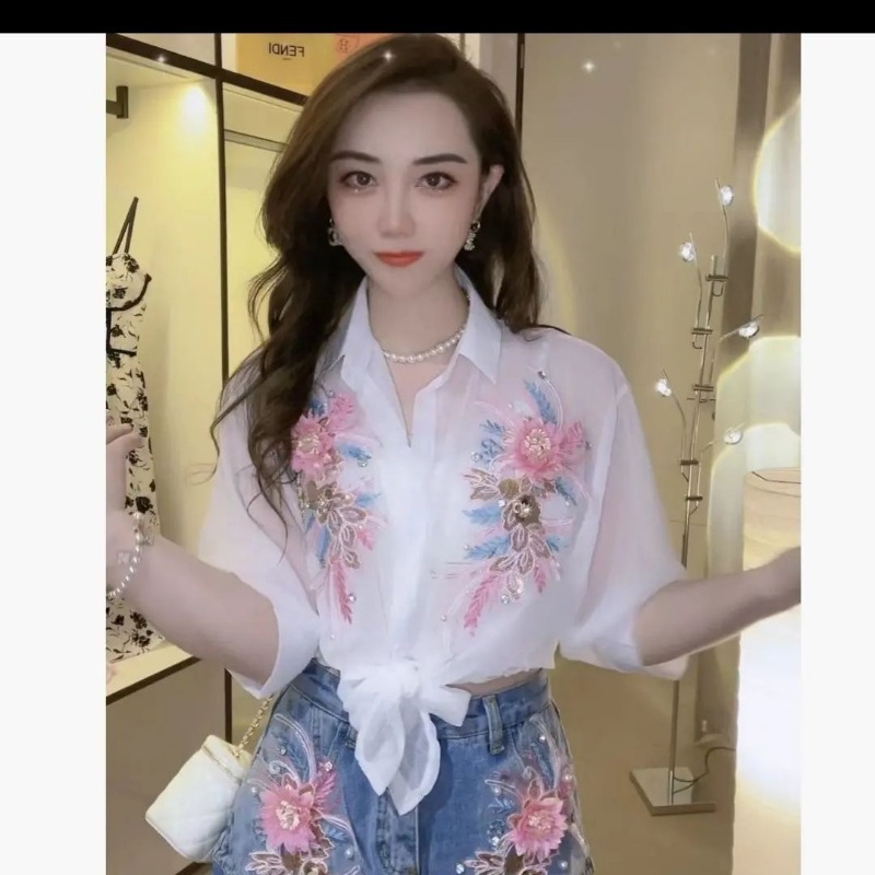 เสื้อเชิ้ตแขนยาวครึ่ง3D ผ้าชีฟ - Embroidery On Shirt บทวิจารณ์และราคา