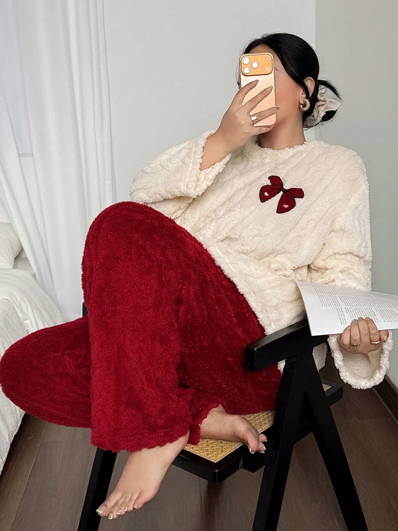 ชุดนอนผ้าฟลานเนลหนานุ่มสำหรับผ - Embroidery Red บทวิจารณ์และราคา